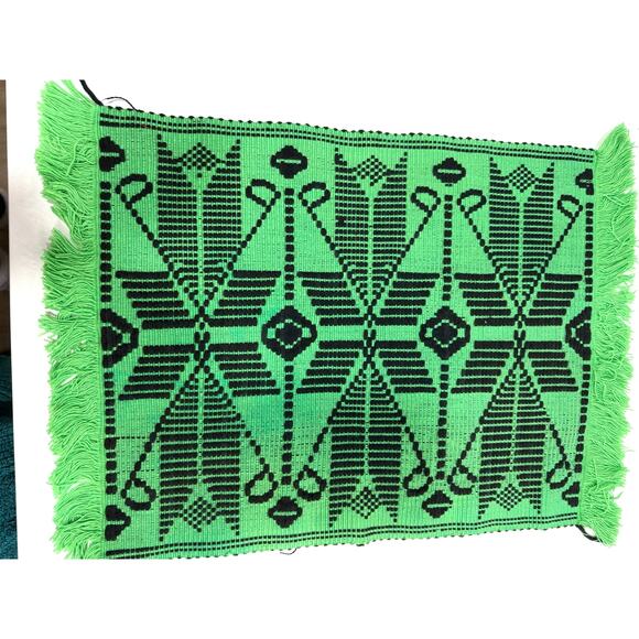 Vintage Boho Geometric Woven Placemats Set of 6 Green Black Fringe Decor Art - Picture 1 of 5